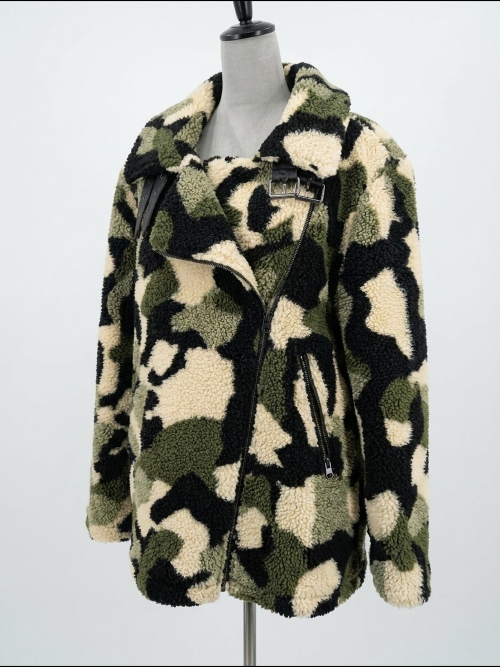 C&C California Olive Green Camo Teddy Moto Jacket